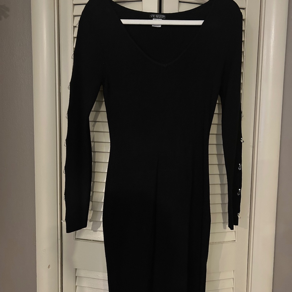 NWOT Venus Black Sheath Dress with full sleeve peep holes and teardrop crystals
